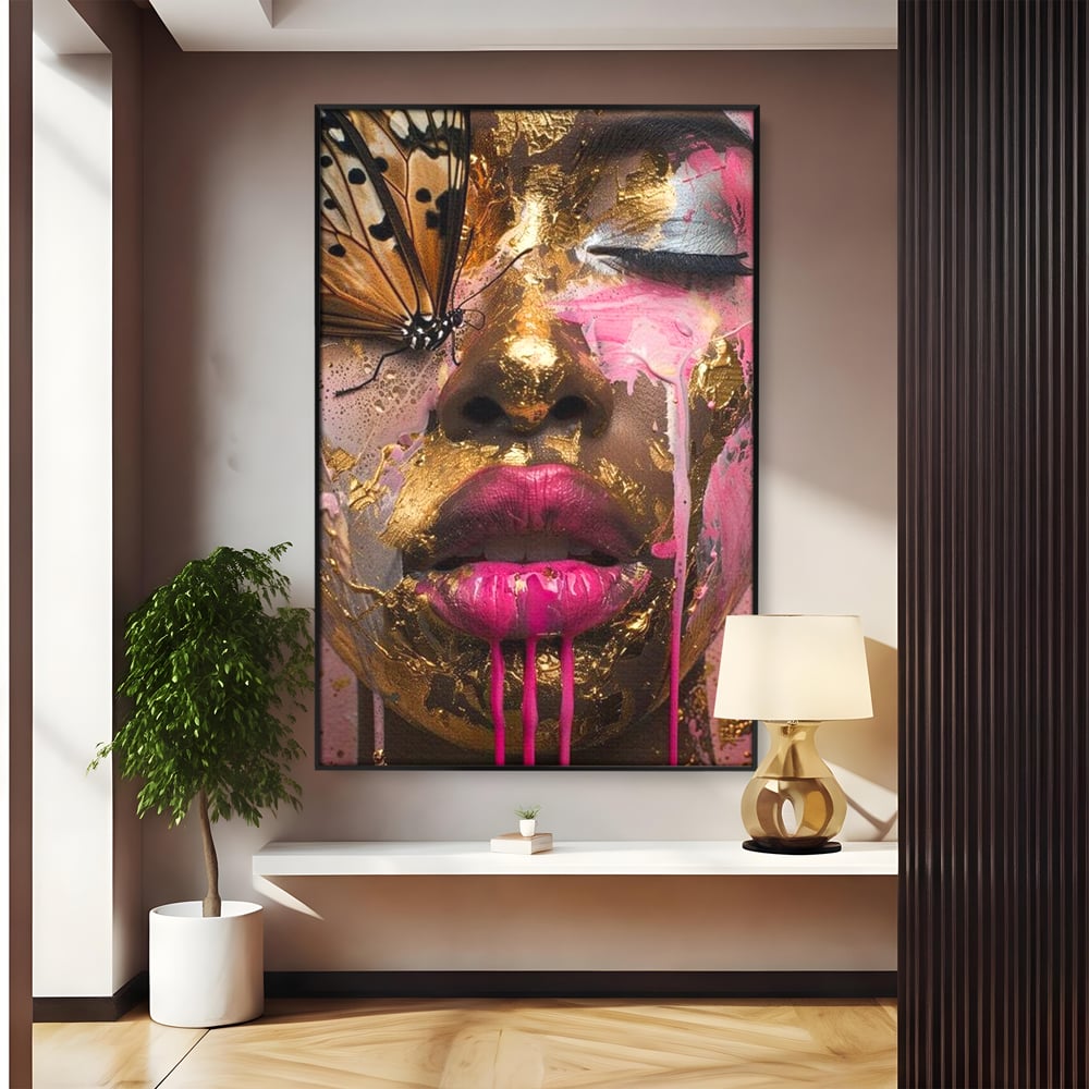 Tablou canvas cu tablou canvas cu portret artistic de femeie, in rama de aluminiu negru